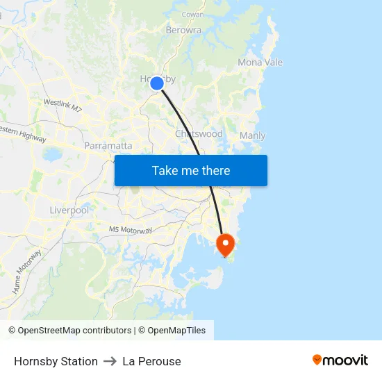 Hornsby Station to La Perouse map