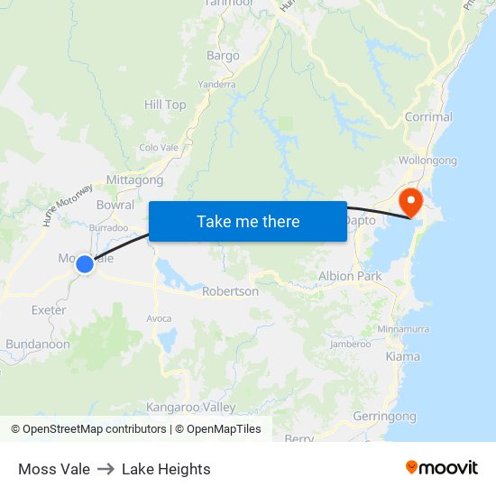 Moss Vale to Lake Heights map