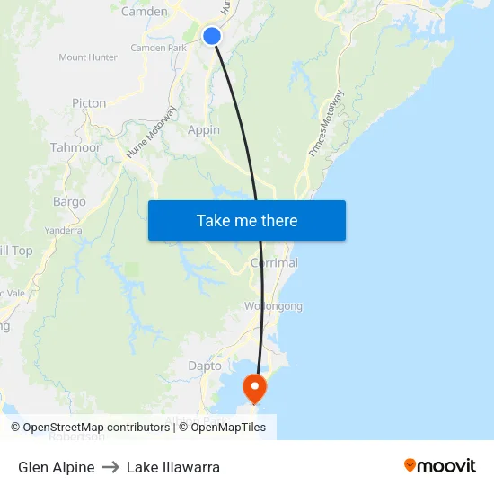 Glen Alpine to Lake Illawarra map