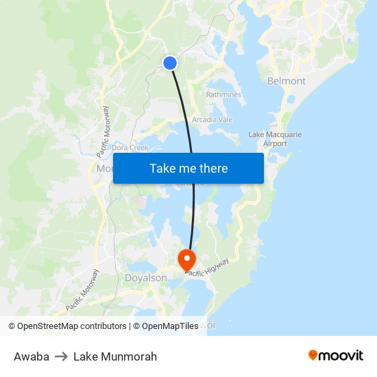 Awaba to Lake Munmorah map