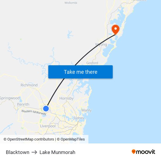 Blacktown to Lake Munmorah map