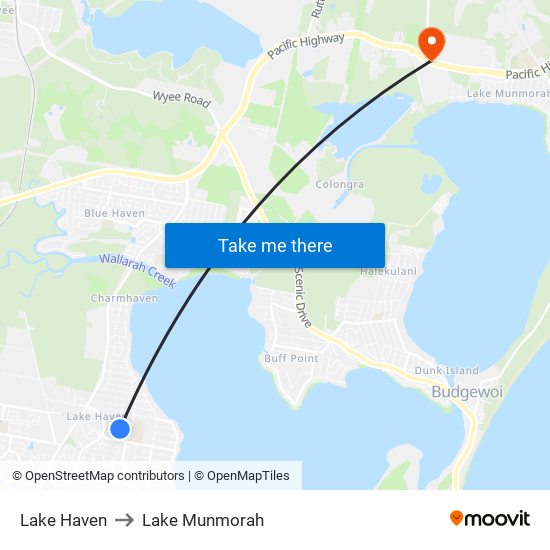 Lake Haven to Lake Munmorah map