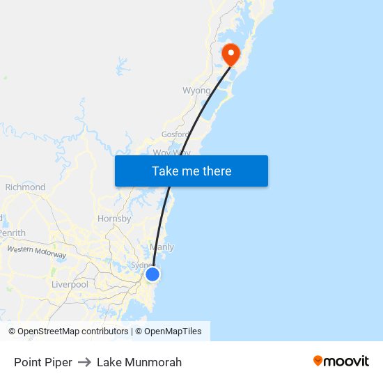 Point Piper to Lake Munmorah map