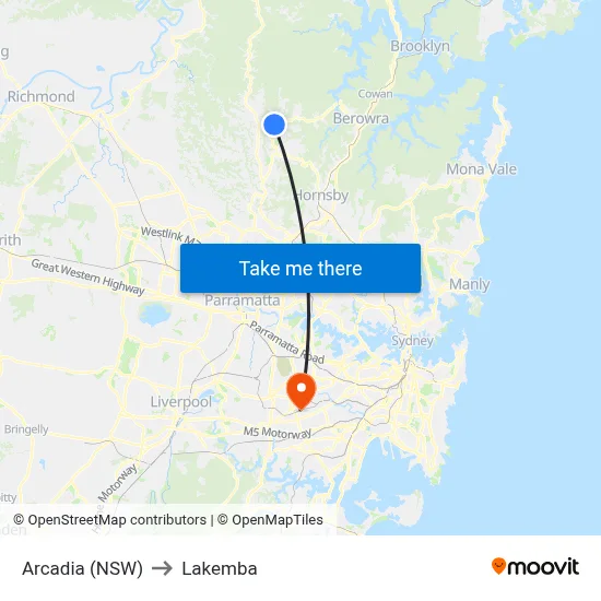 Arcadia (NSW) to Lakemba map