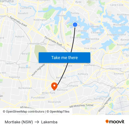 Mortlake (NSW) to Lakemba map