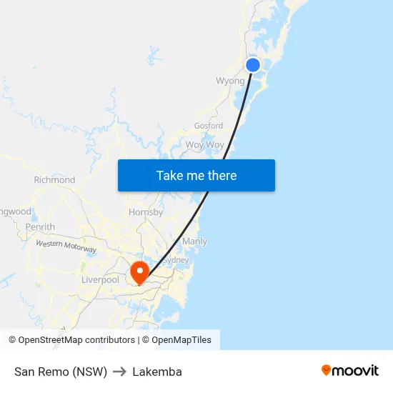 San Remo (NSW) to Lakemba map