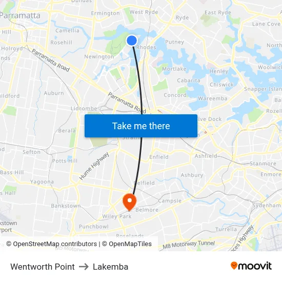 Wentworth Point to Lakemba map