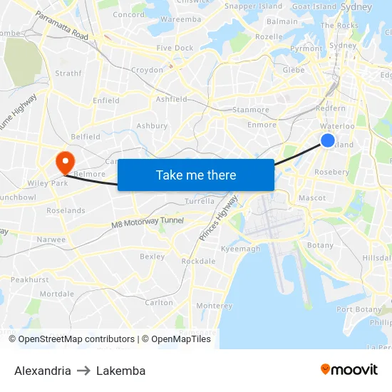 Alexandria to Lakemba map