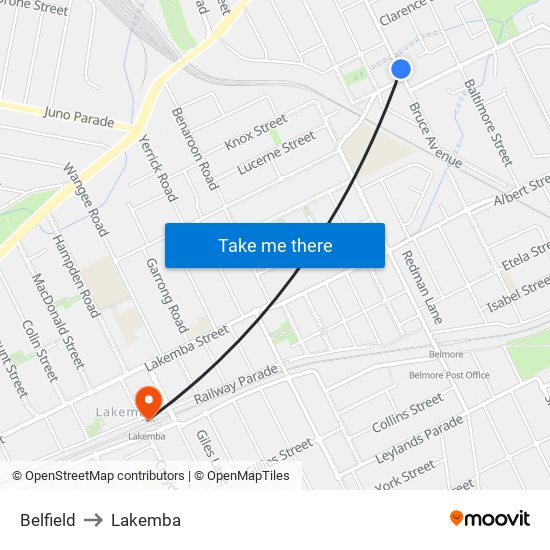 Belfield to Lakemba map