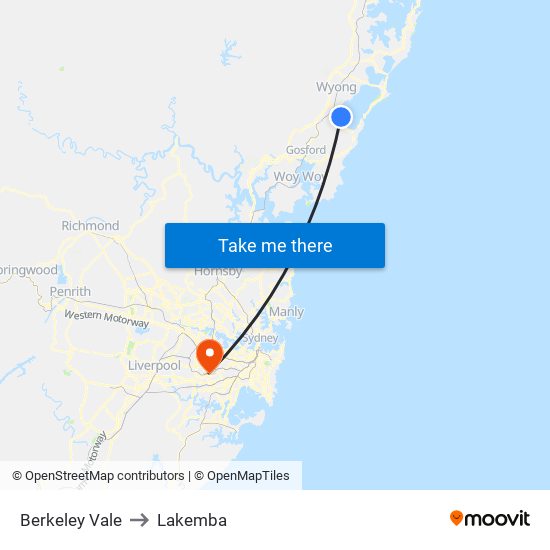 Berkeley Vale to Lakemba map