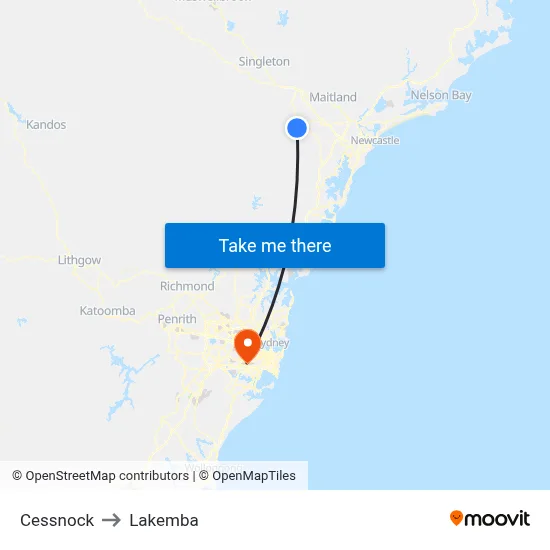 Cessnock to Lakemba map