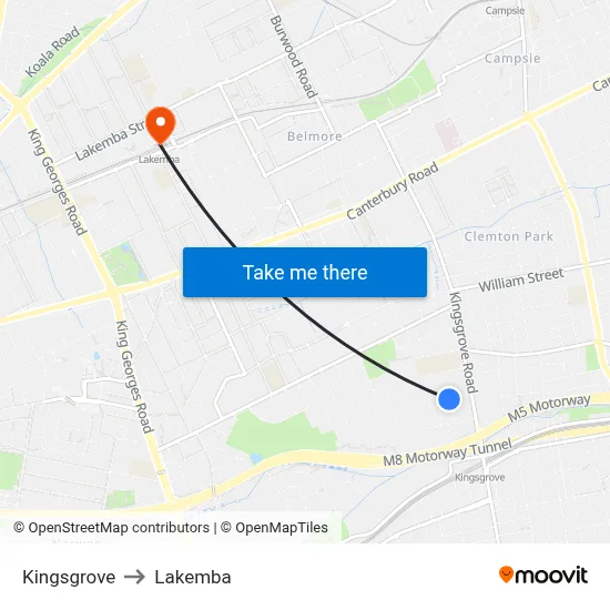 Kingsgrove to Lakemba map