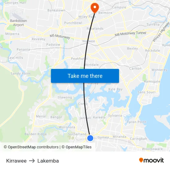 Kirrawee to Lakemba map