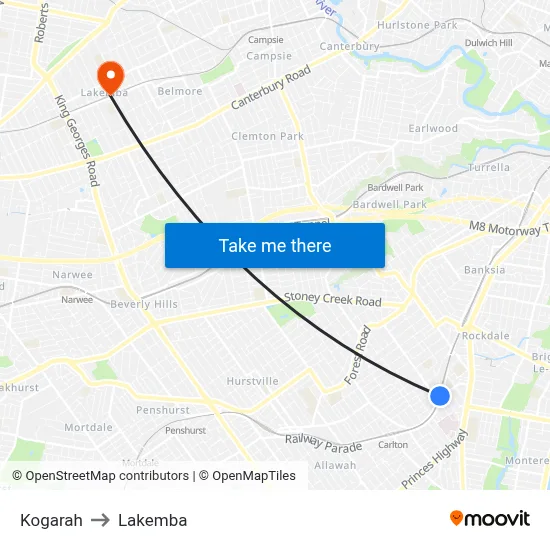Kogarah to Lakemba map
