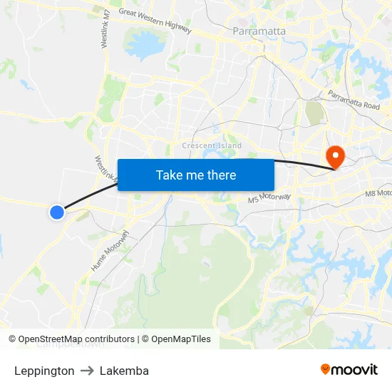Leppington to Lakemba map