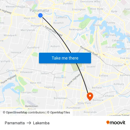 Parramatta to Lakemba map