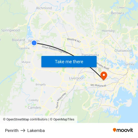 Penrith to Lakemba map