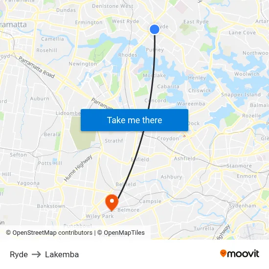 Ryde to Lakemba map