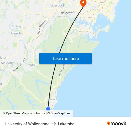 University of Wollongong to Lakemba map