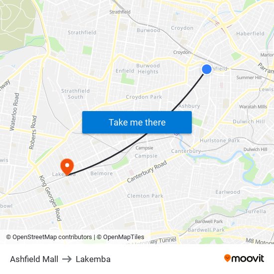 Ashfield Mall to Lakemba map