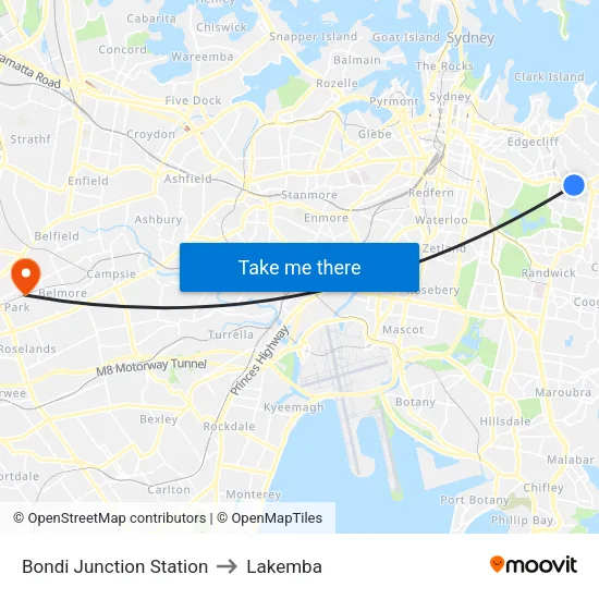 Bondi Junction Station to Lakemba map