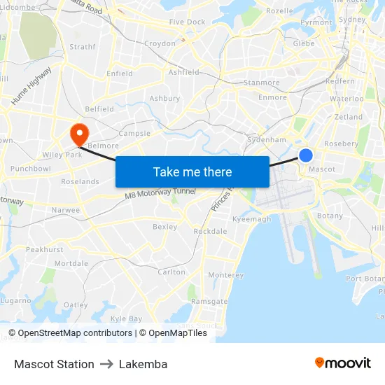 Mascot Station to Lakemba map
