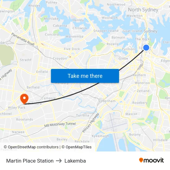 Martin Place Station to Lakemba map