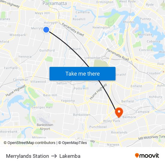 Merrylands Station to Lakemba map