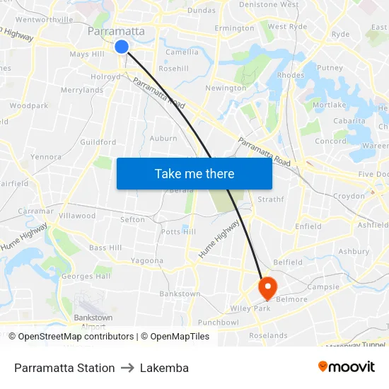 Parramatta Station to Lakemba map