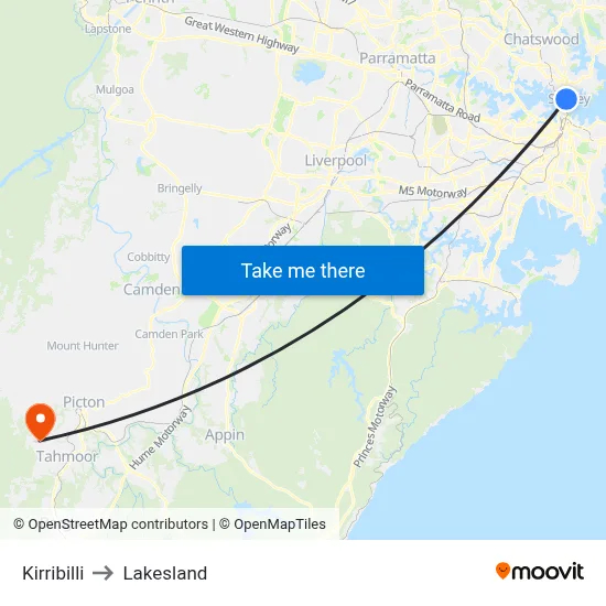 Kirribilli to Lakesland map