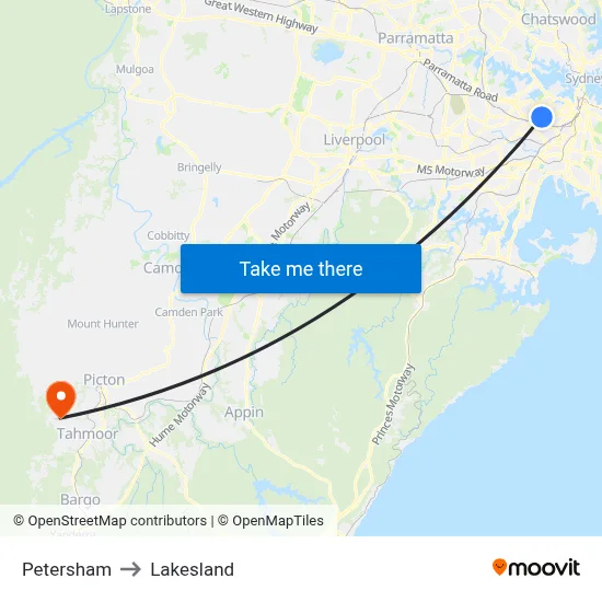 Petersham to Lakesland map