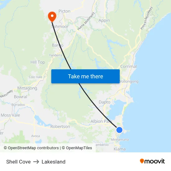 Shell Cove to Lakesland map