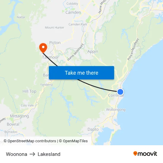 Woonona to Lakesland map