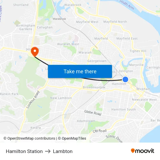 Hamilton Station to Lambton map