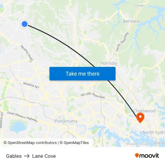Gables to Lane Cove map