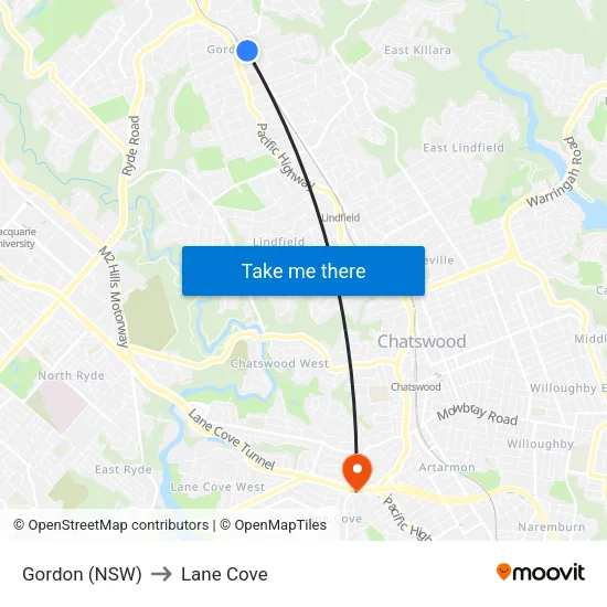 Gordon (NSW) to Lane Cove map