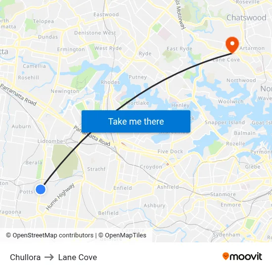Chullora to Lane Cove map