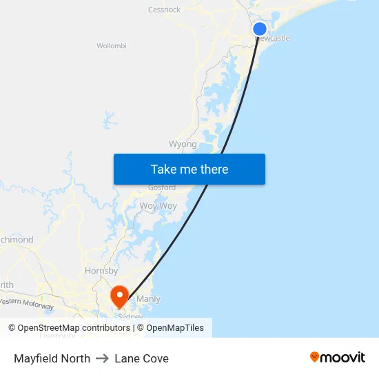 Mayfield North to Lane Cove map