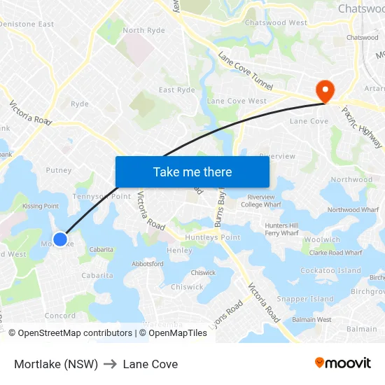 Mortlake (NSW) to Lane Cove map