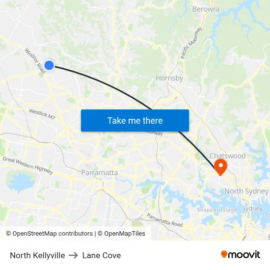 North Kellyville to Lane Cove map