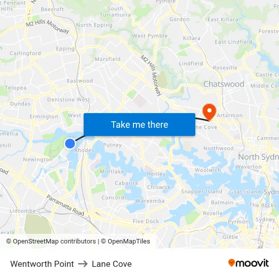Wentworth Point to Lane Cove map