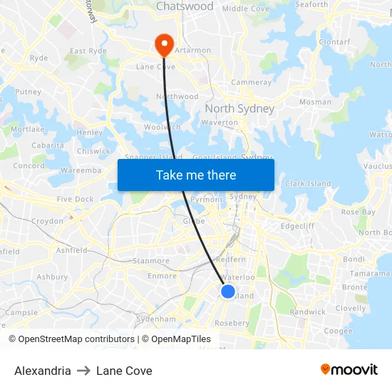 Alexandria to Lane Cove map