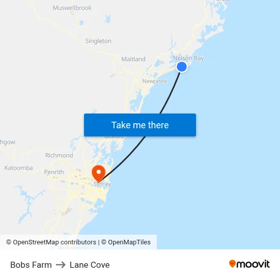Bobs Farm to Lane Cove map