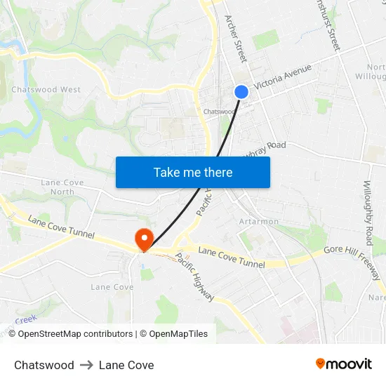 Chatswood to Lane Cove map