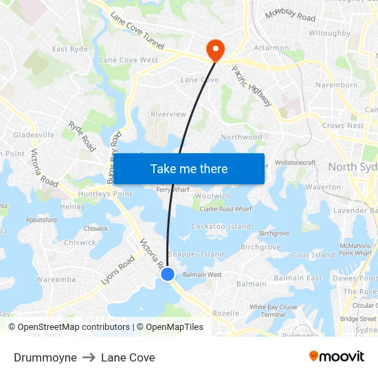Drummoyne to Lane Cove map