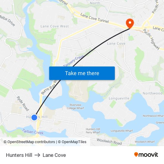 Hunters Hill to Lane Cove map