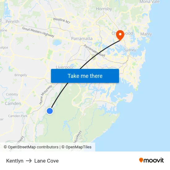 Kentlyn to Lane Cove map