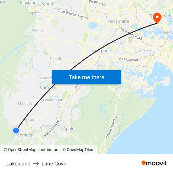 Lakesland to Lane Cove map