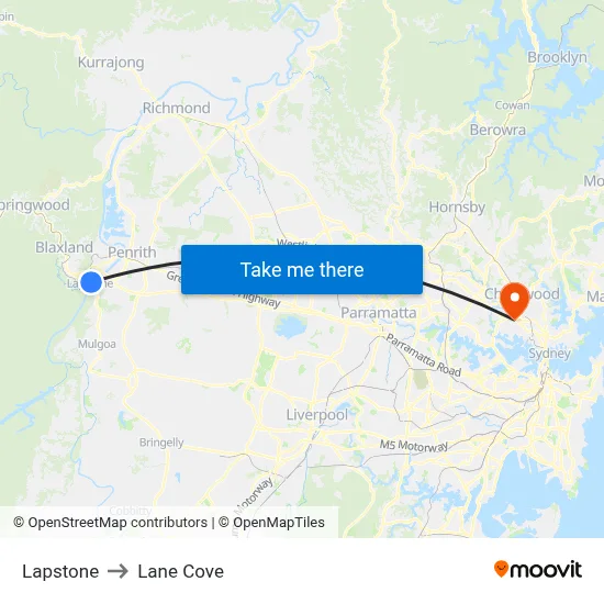 Lapstone to Lane Cove map