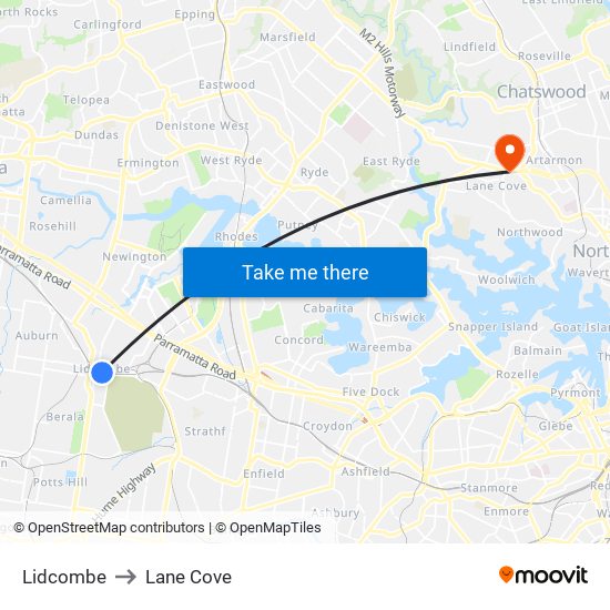 Lidcombe to Lane Cove map
